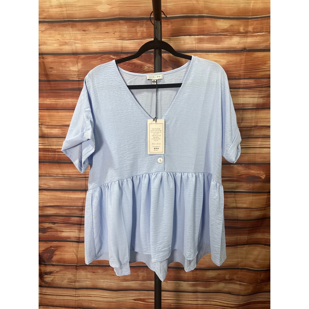 Sage + Fig Light Blue V-Neck Babydoll Peplum Top ST7585 Medium NWT - Picture 2 of 7